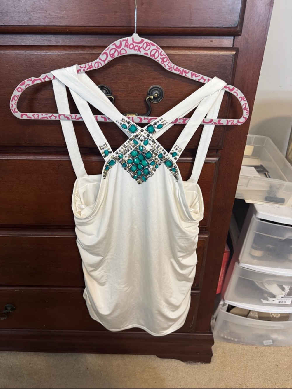 Cache Cream Tank Top with Teal and Silver Jeweled Back